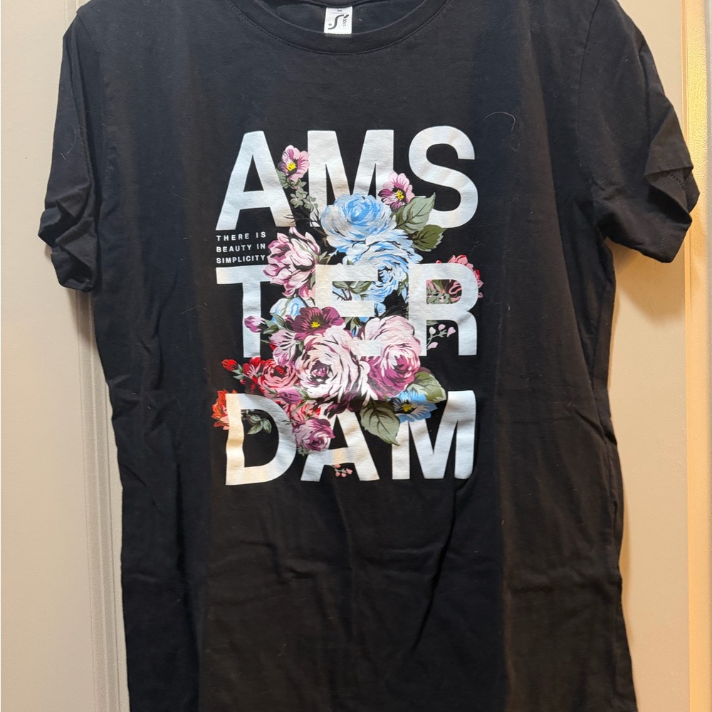 Black Amsterdam Graphic T-Shirt with Floral Design